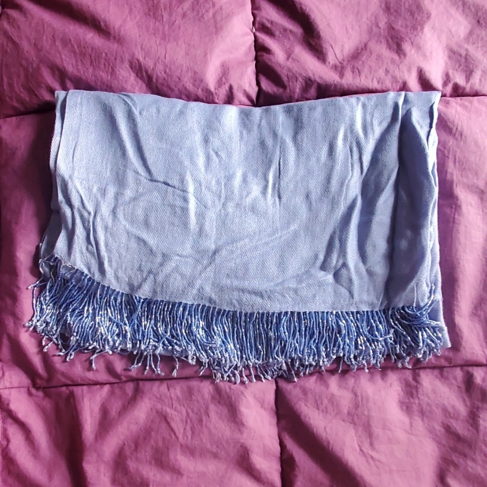 Beautiful Light Blue Pashmina Wrap Scarf with Beaded Fringe Trim